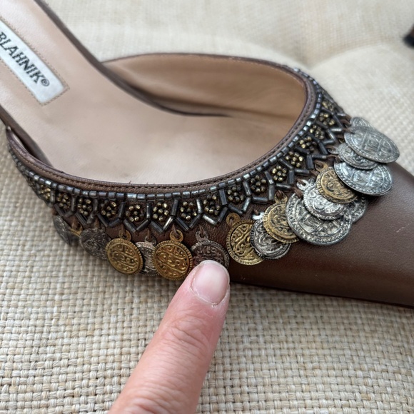 Manolo Blahnik 2000s Silver & Gold Coin Brown Leather Mule Heels - Picture 4 of 13